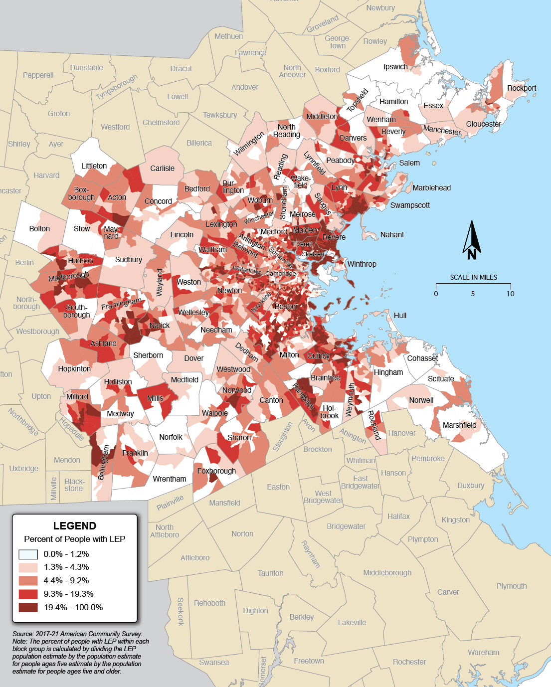 A map showing the percentage of people with limited English proficiency in the Boston Region. A map showing the percentage of people with limited English proficiency in the Boston Region.